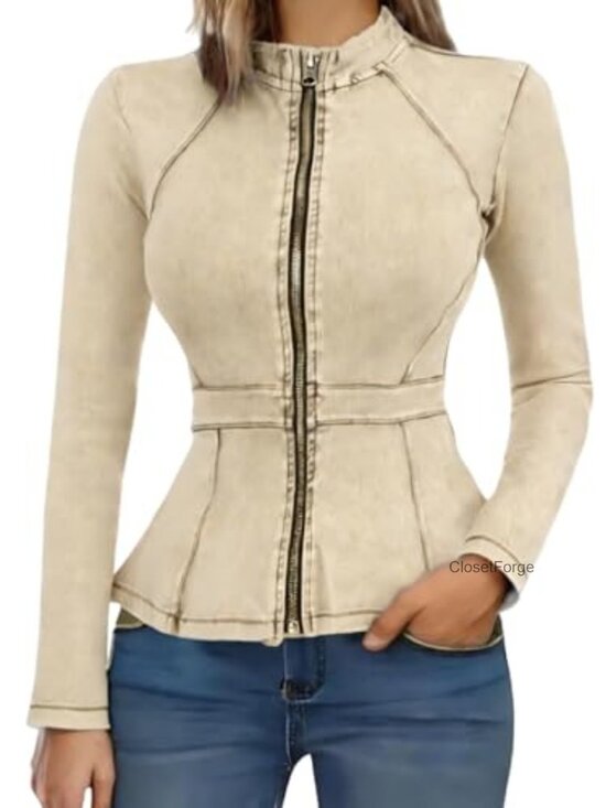 Jackets & Blazers - High Stretch Denim Peplum Jacket Lightweight Long Sleeve Zip Front Blazer Coats